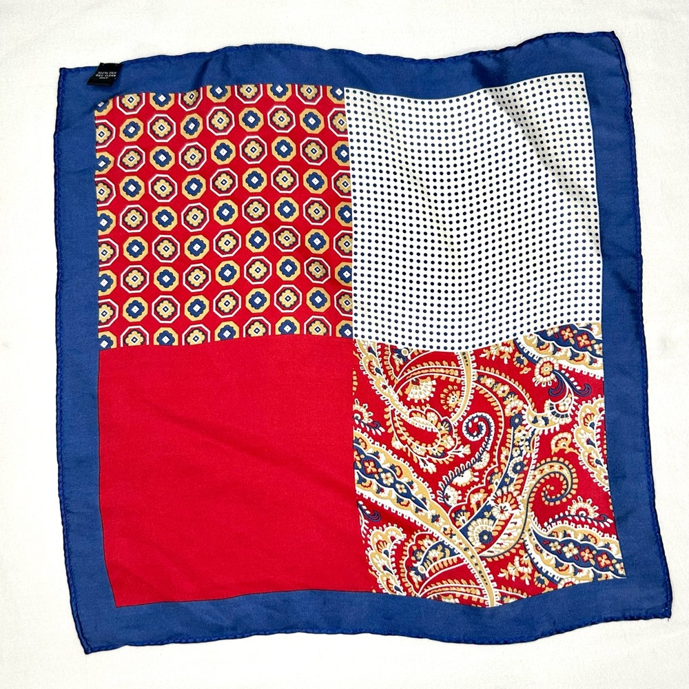 Silk Pocket Square Mens Hand Made Multicolor Patchwork Paisley Dots Red Blue Lux